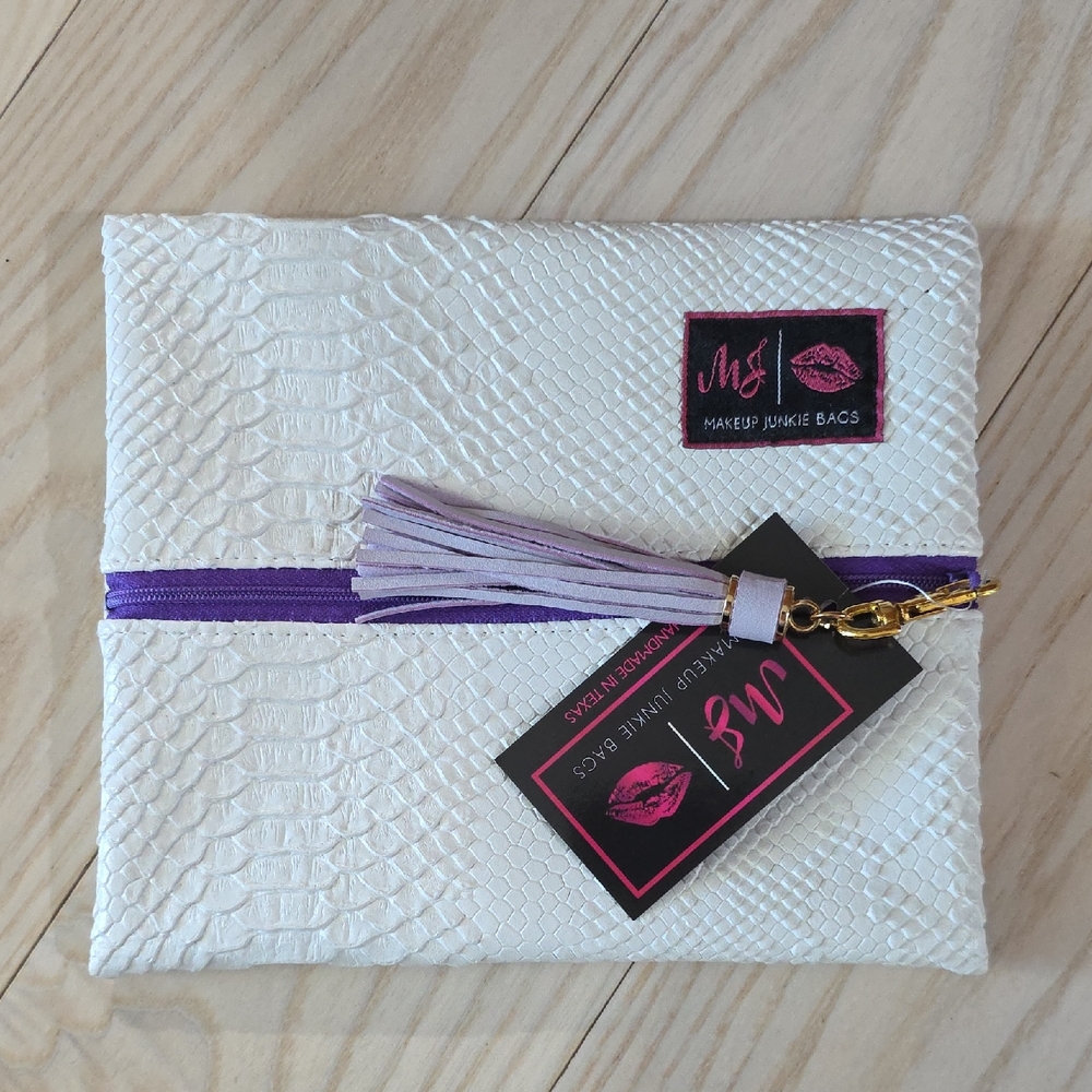 Makeup Junkie Cosmetic Bag.  White and Purple. SMALL SIZE (7 X 8.5 See Photo)